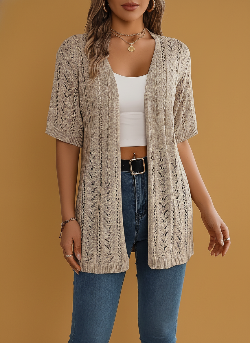 Solid Color Hollow Out Short Sleeve Knit Cardigan Cover-Up