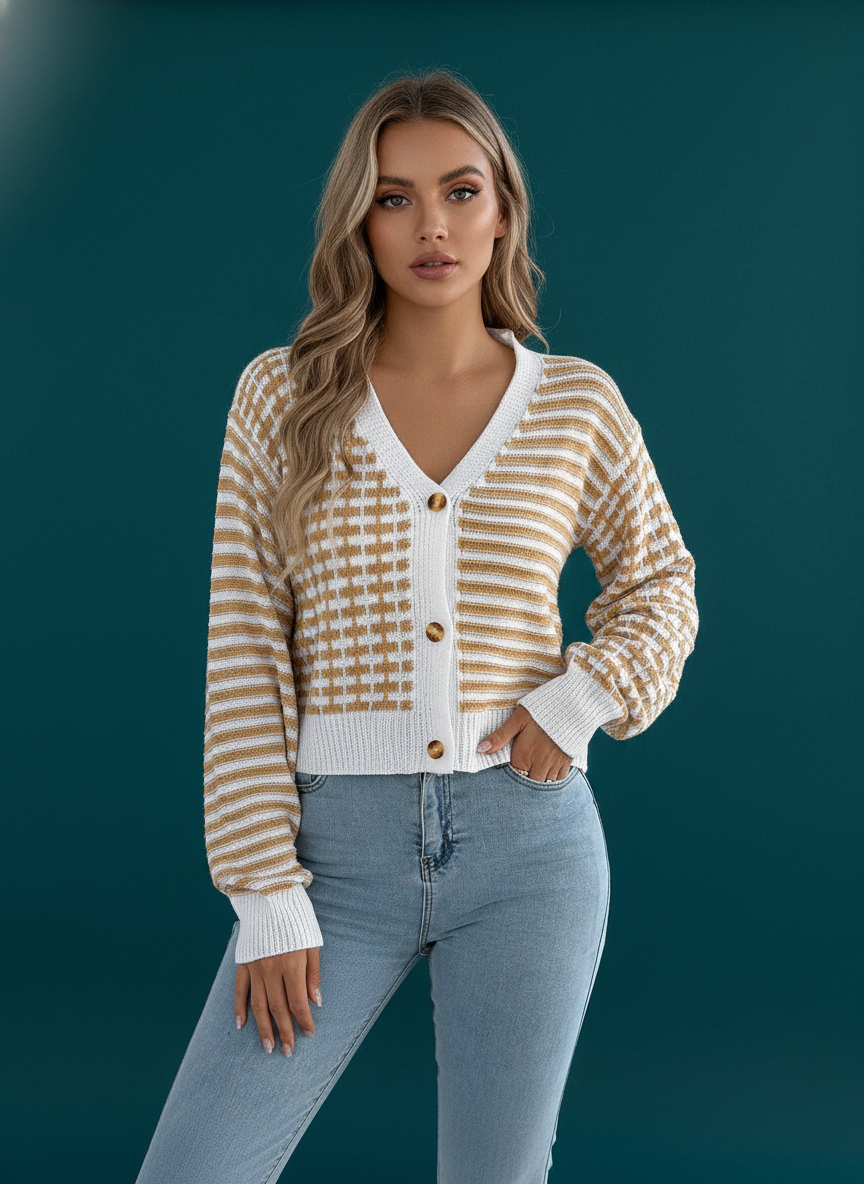 Color Block Stripe Lantern Sleeve Short Cardigan Sweater