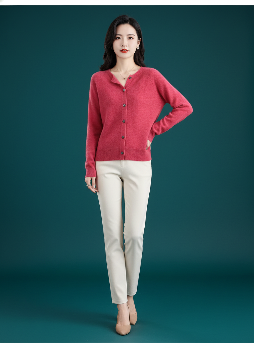 Merino Wool Cardigan Sweater O-Neck Long-sleeve Cashmere