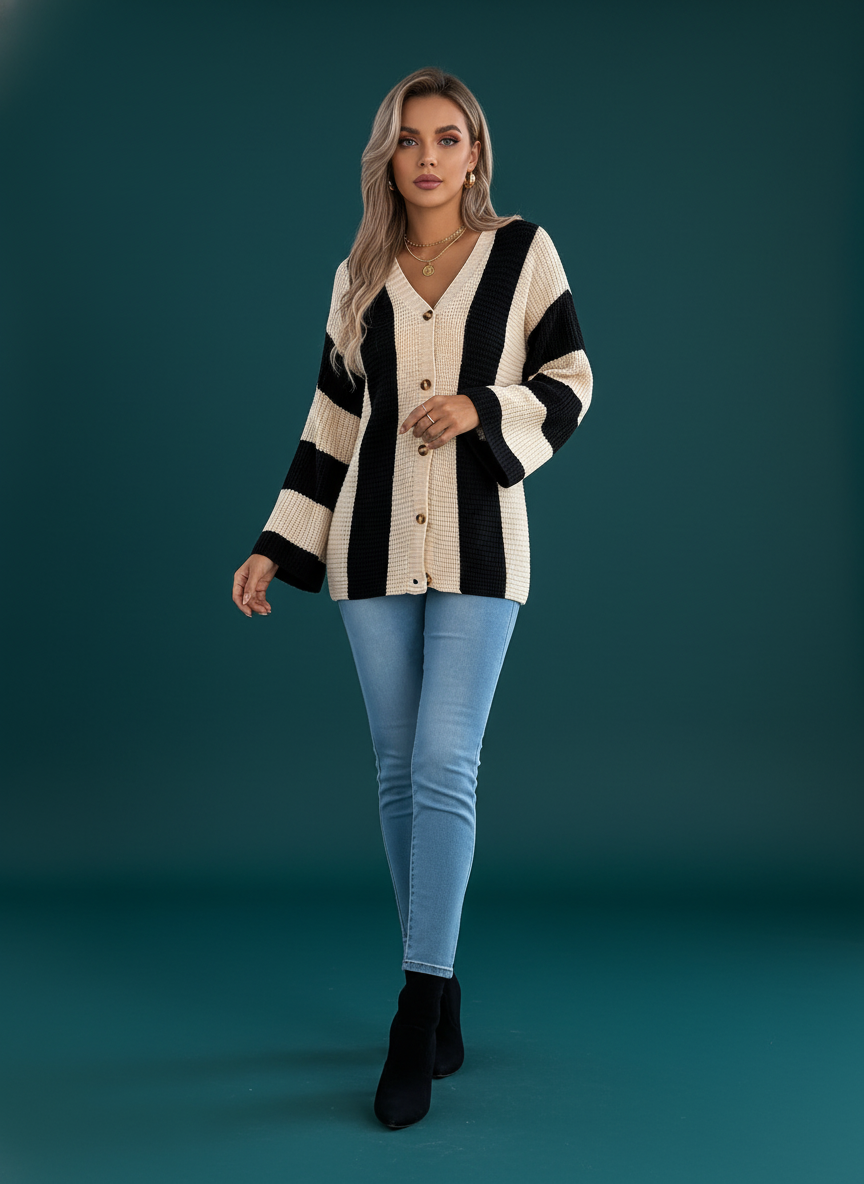 Color Block Stripe Bell Sleeve Long Cardigan Sweater Coat