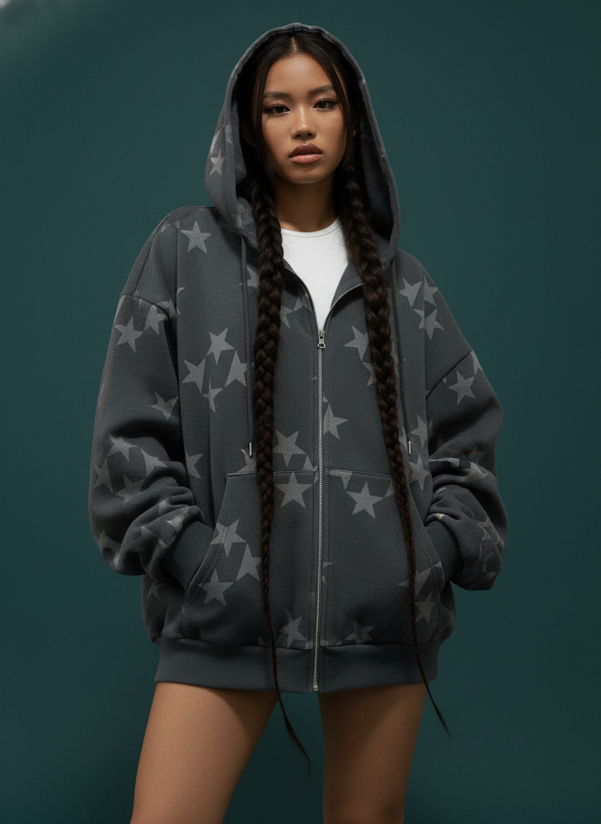 Stars Printed Zipper Hooded Cardigan Couple Outerwear