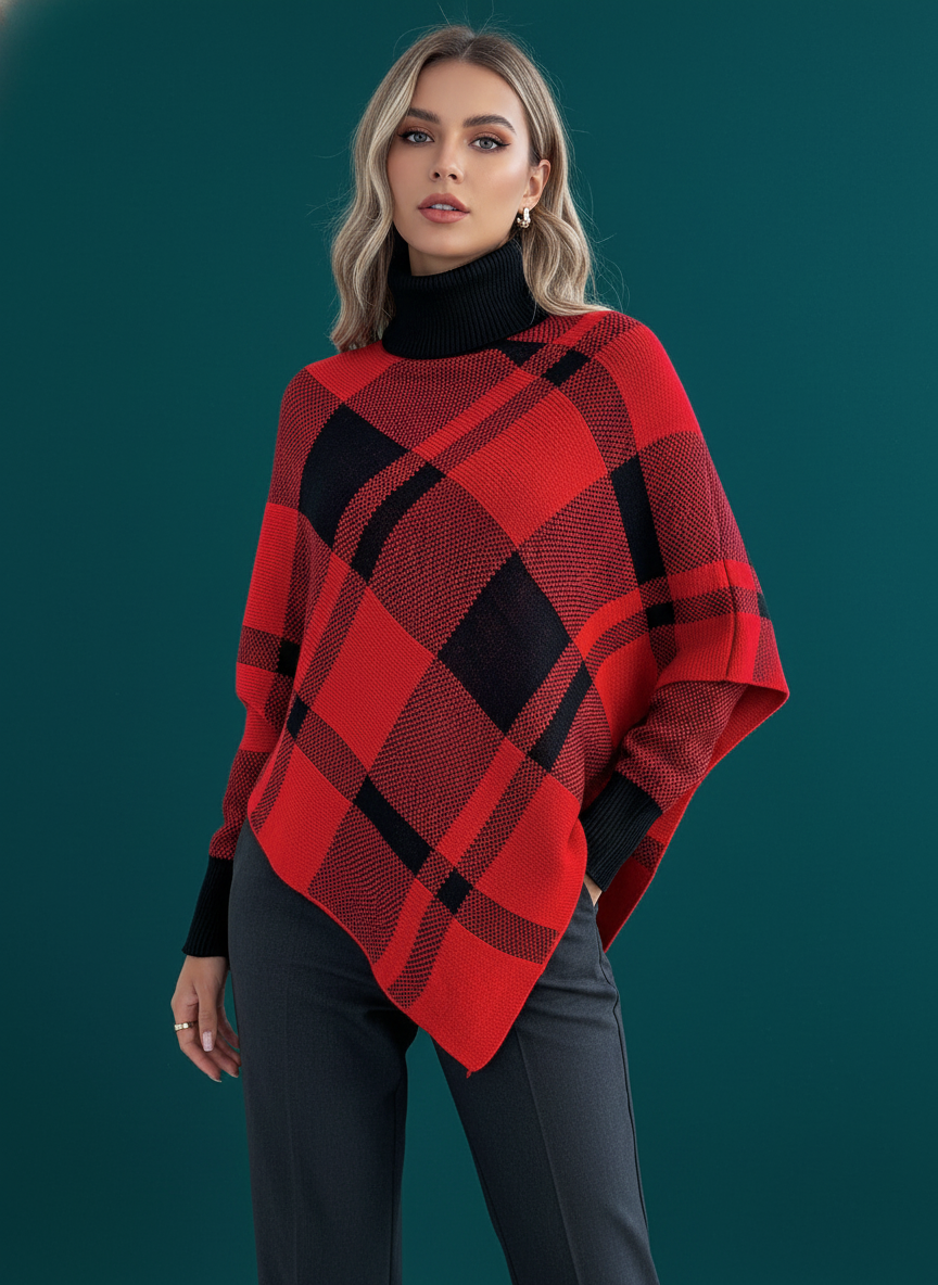 Color Block Plaid High Neck Long Sleeve Poncho Sweater