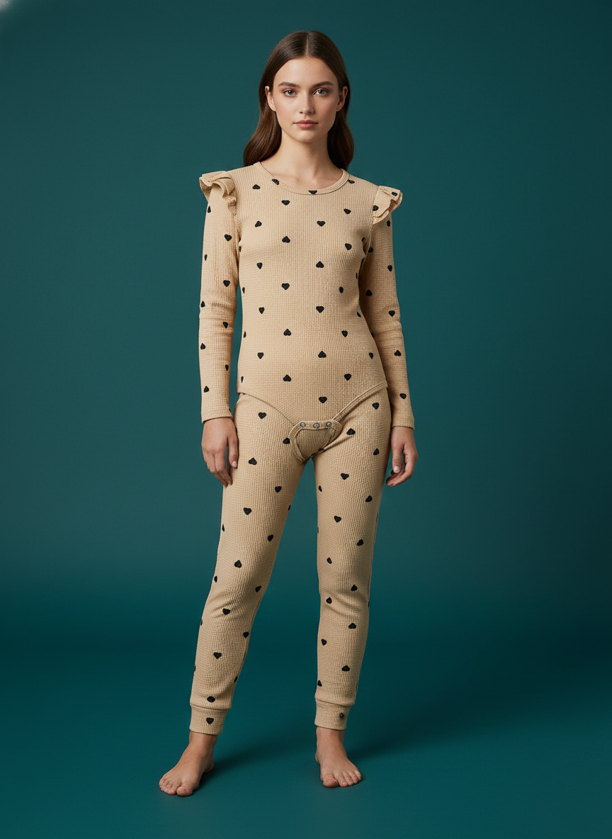And Suit Heart Printing Waffle Long-sleeve Jumpsuit