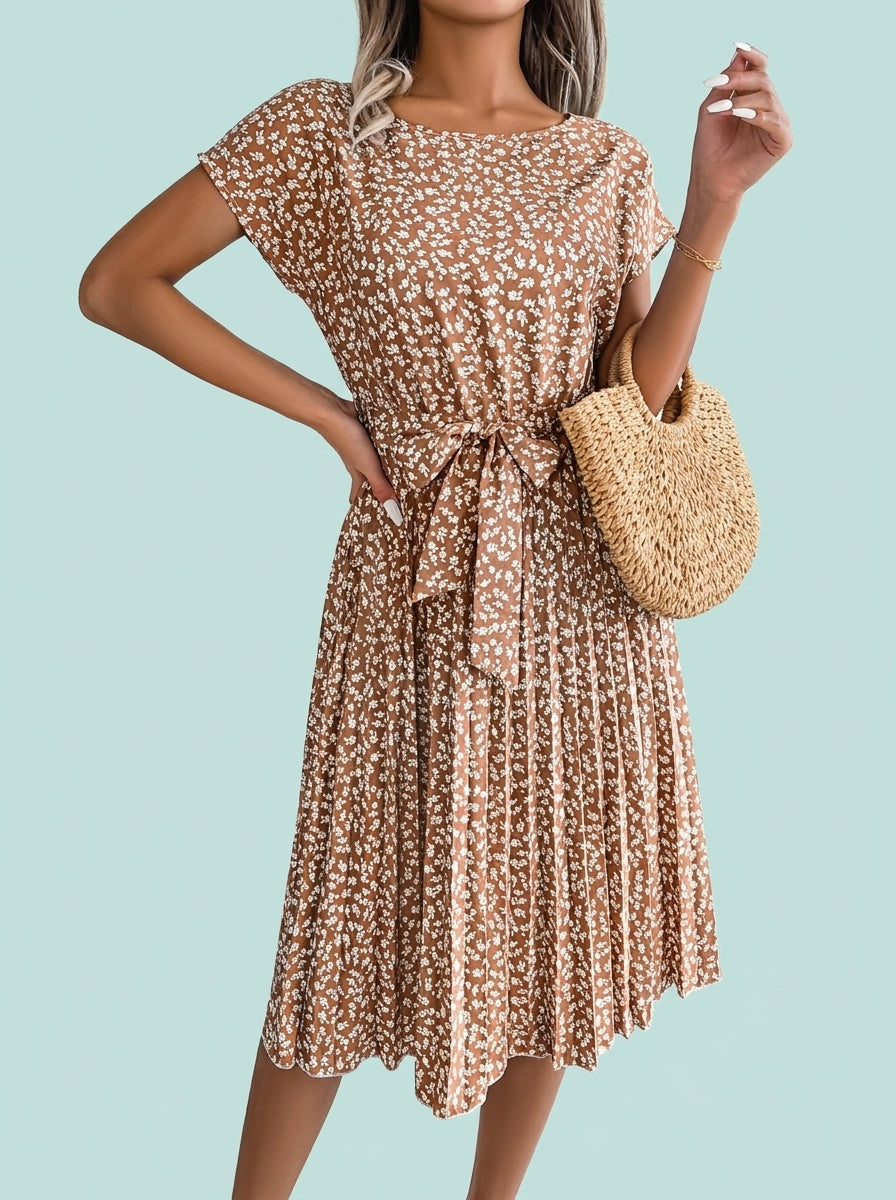 Short Sleeve Floral Print Flowy Pleated Skirt