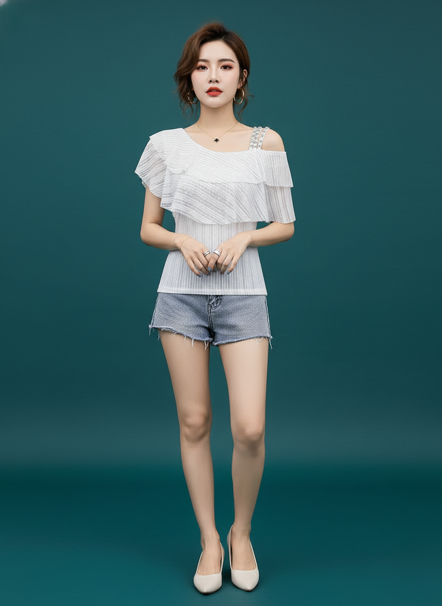 Ruffled Shoulder Leakage Ice Silk Top