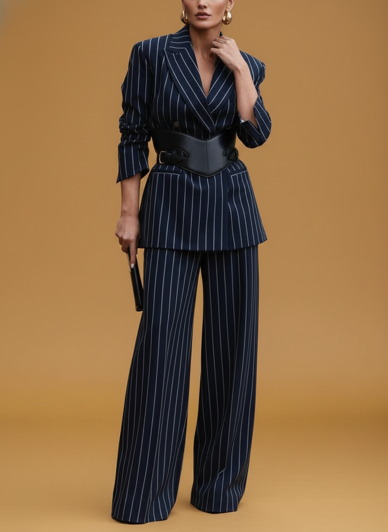 Elegant Striped Blazer & High Waist Pants Set
