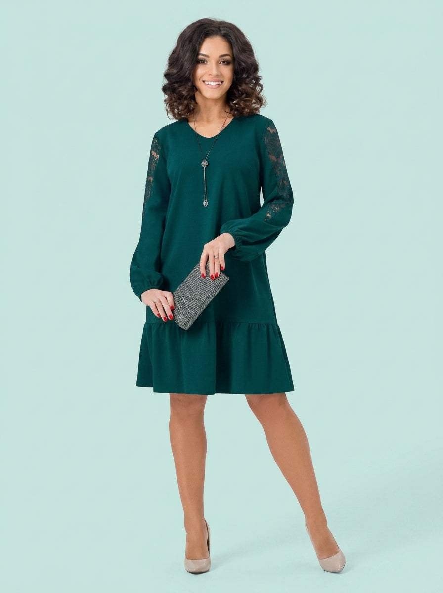 Round Neck Long Sleeve Hollow Lace Slim Fit Patchwork Dress