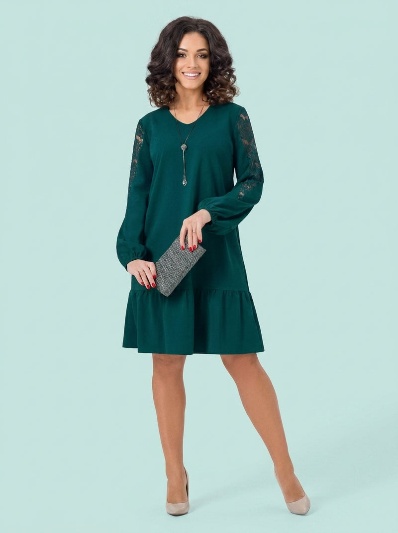 Round Neck Long Sleeve Hollow Lace Slim Fit Patchwork Dress