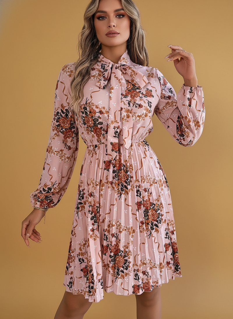 Elegant Floral Tie-Waist Long Sleeve Pleated Maxi Dress