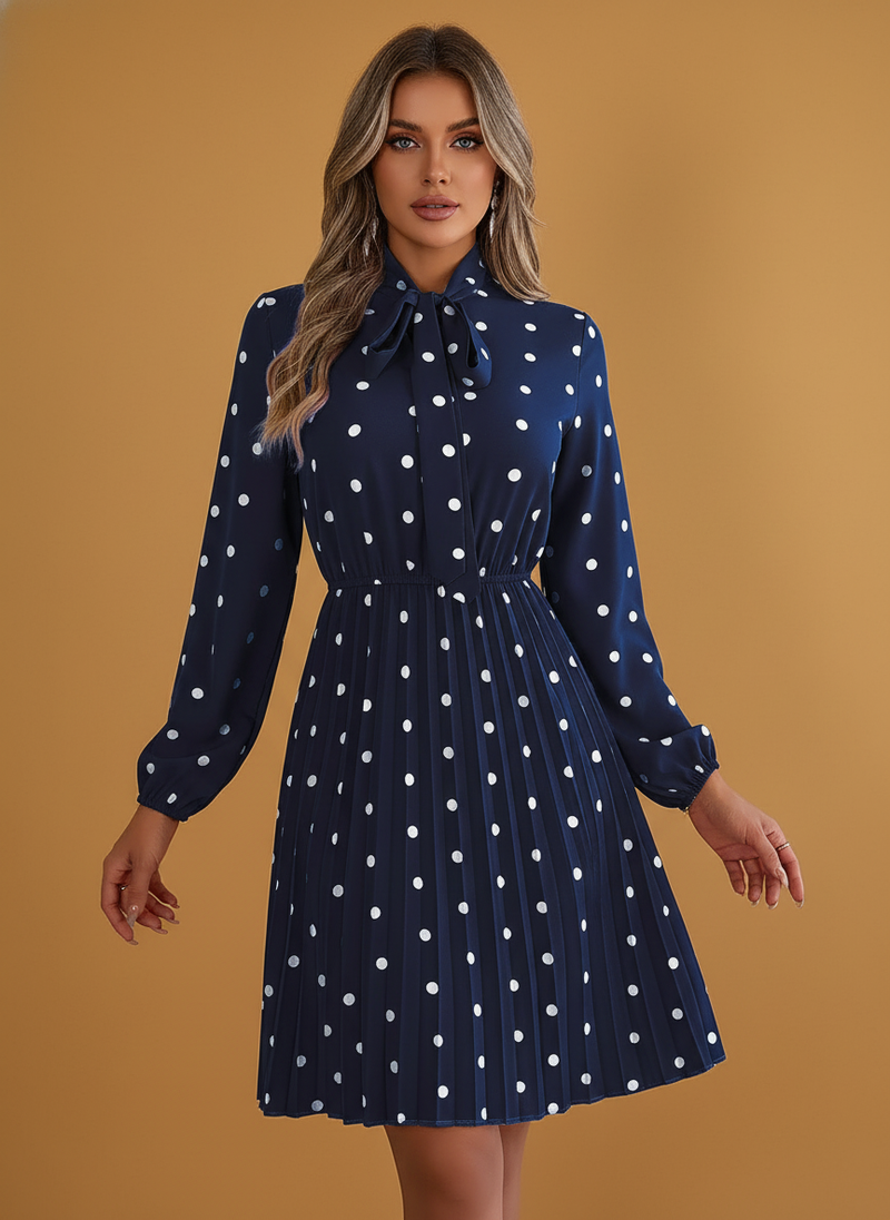 Polka Dot Tie-Waist Long Sleeve Pleated Maxi Dress