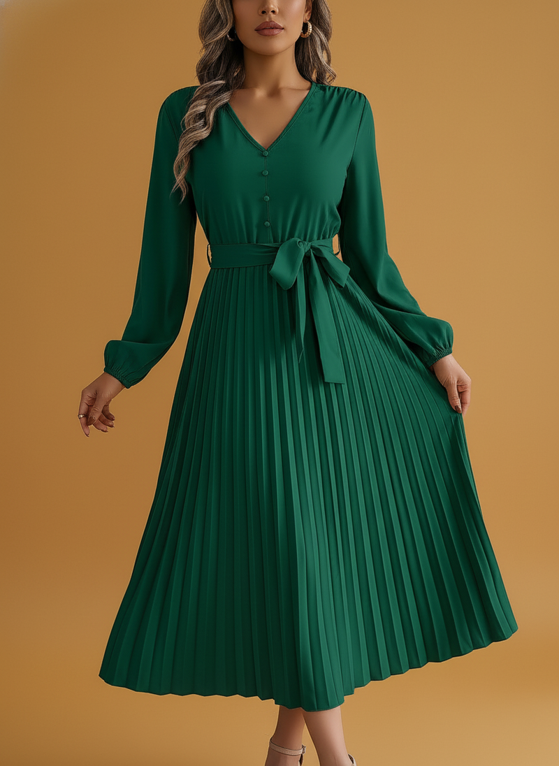 Elegant V-Neck Button Tie-Waist Flared Pleated Maxi Dress