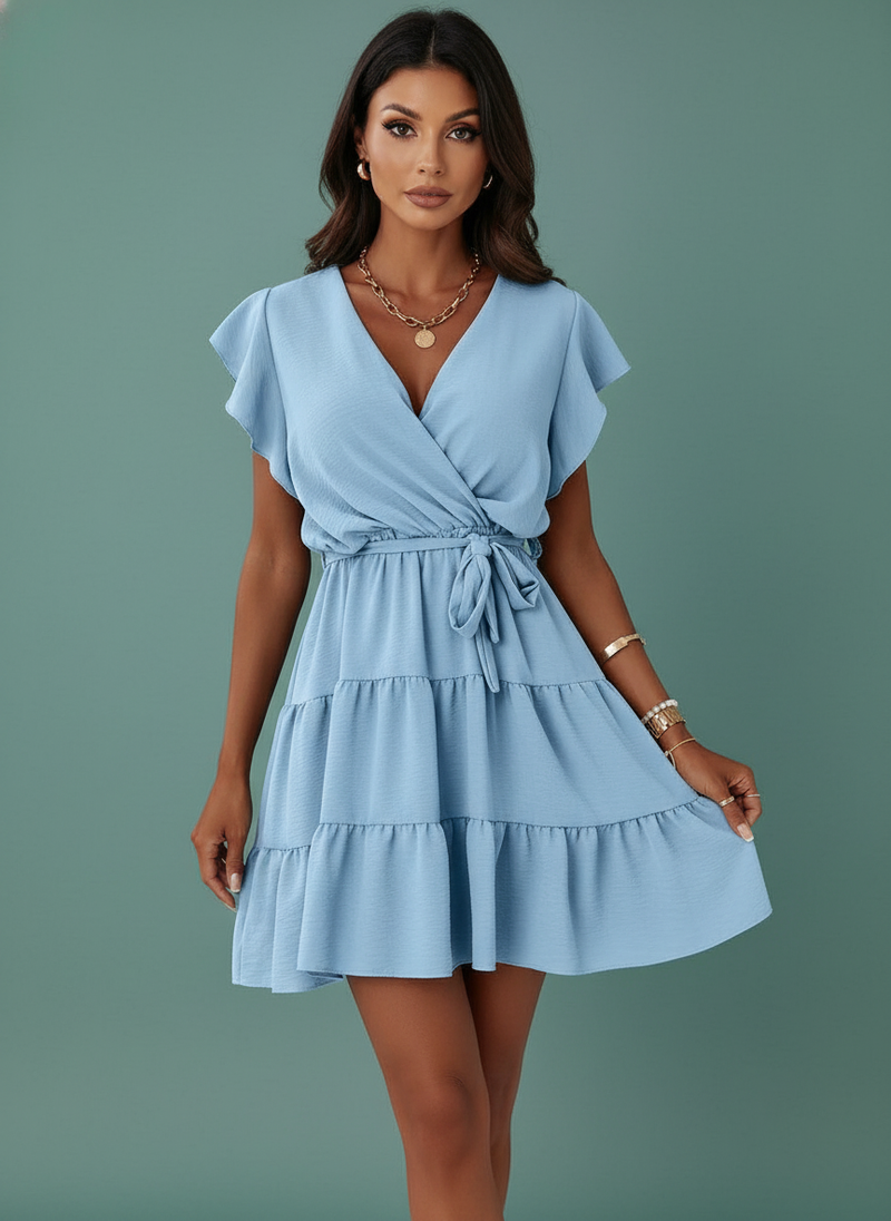 Solid Color And V-neck Pullover Strap Waist Trimming