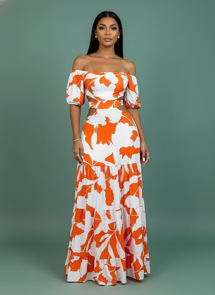 Printed One-line Collar Short-sleeved Long Dress With