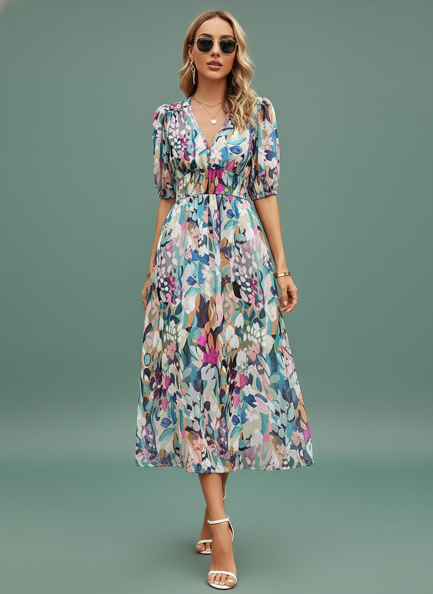 V-neck Printed Short-sleeved Long Dress Slim Seaside
