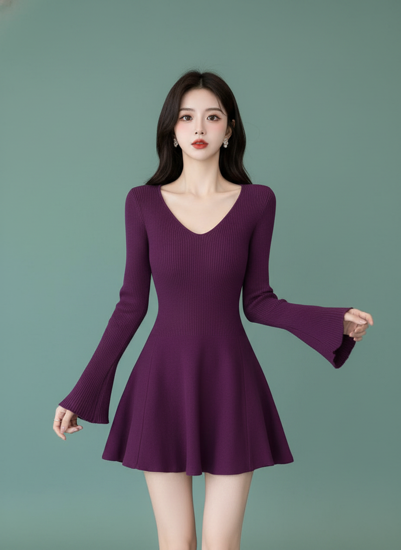 Tea Fragrance Can Be Praised Long Sleeve Dress Knitted