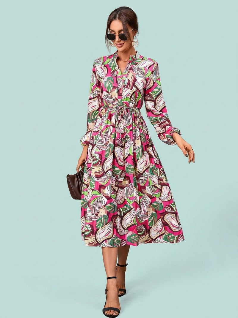 Leaves Printed Mid-length Long Sleeve Dress