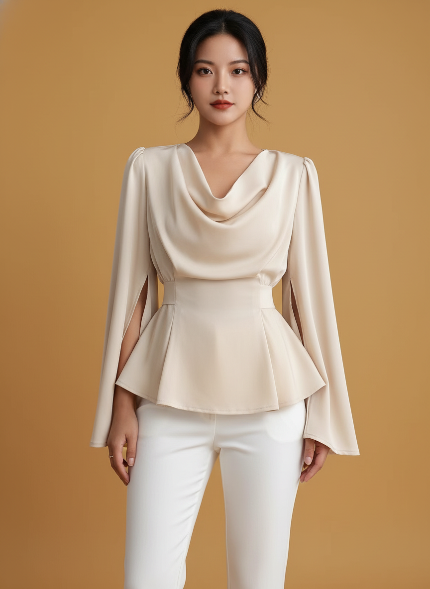 Satin Flare Sleeve Waist Trimming Shirt