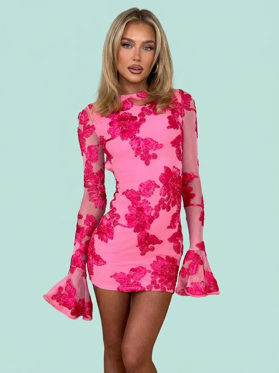 Flowers Bell-sleeved Dress Sexy Slim Long-sleeved Mesh