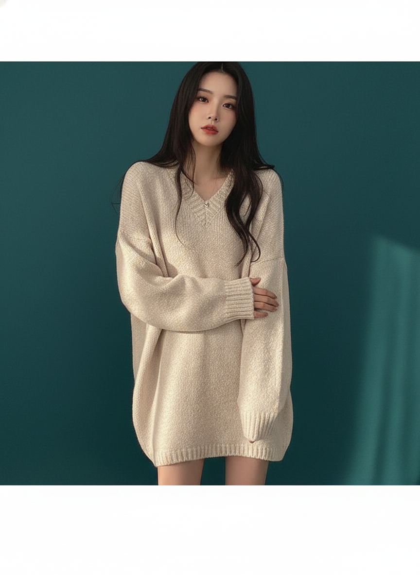 Wind V-neck Soft Glutinous Loose Small Knitted Dress Sweater