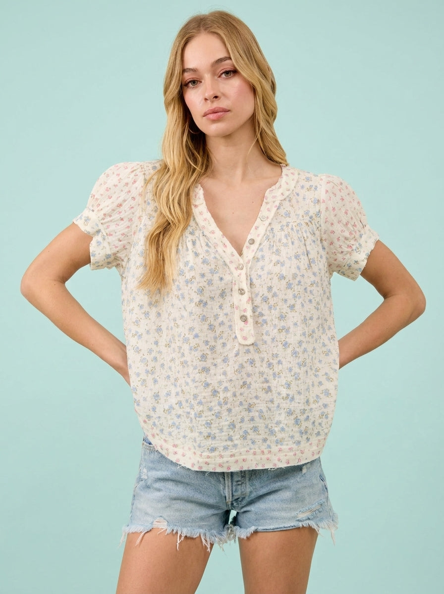 BiBi Floral Crinkle Neckdrop Short Sleeve Blouse Top