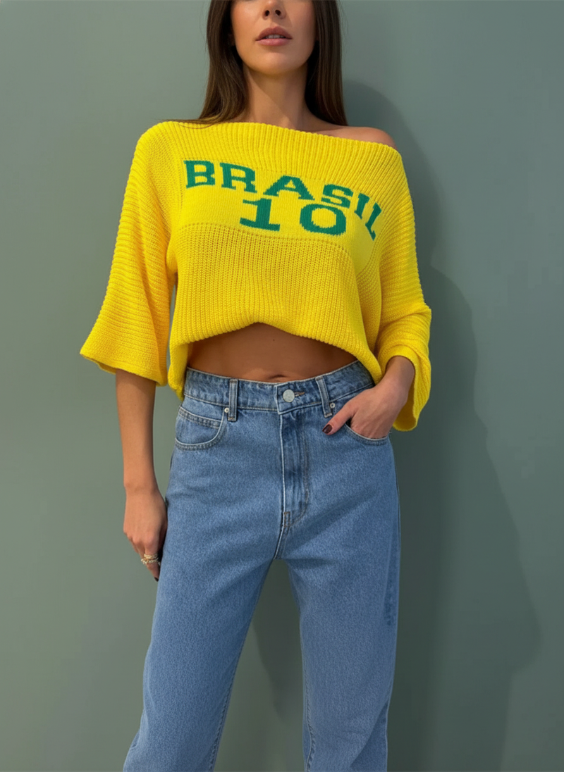 Brasil Letter Boat Neck Sweater