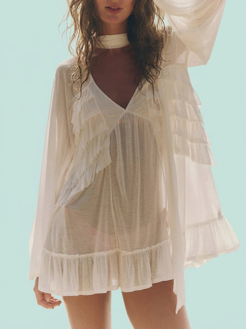 Sheer Ruffle Trim Beach Cover-Up
