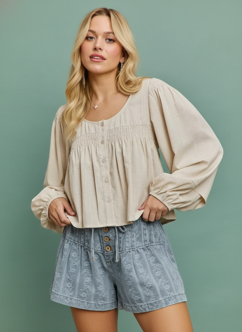 SO ME Linen Blend Woven Long Sleeve With Smocking Top