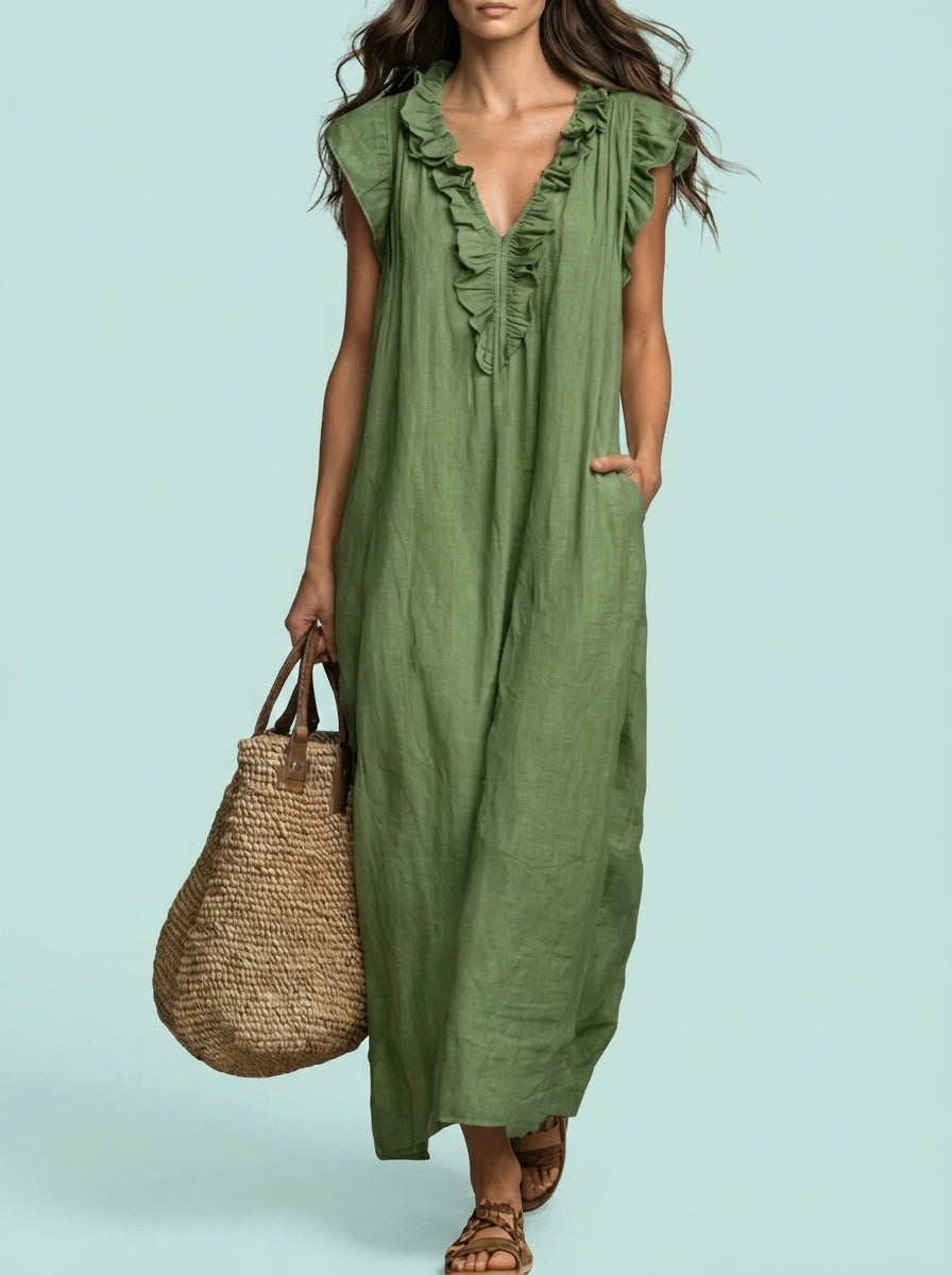 Full Size Ruffled V-Neck Cap Sleeve Maxi Dress Plus Size