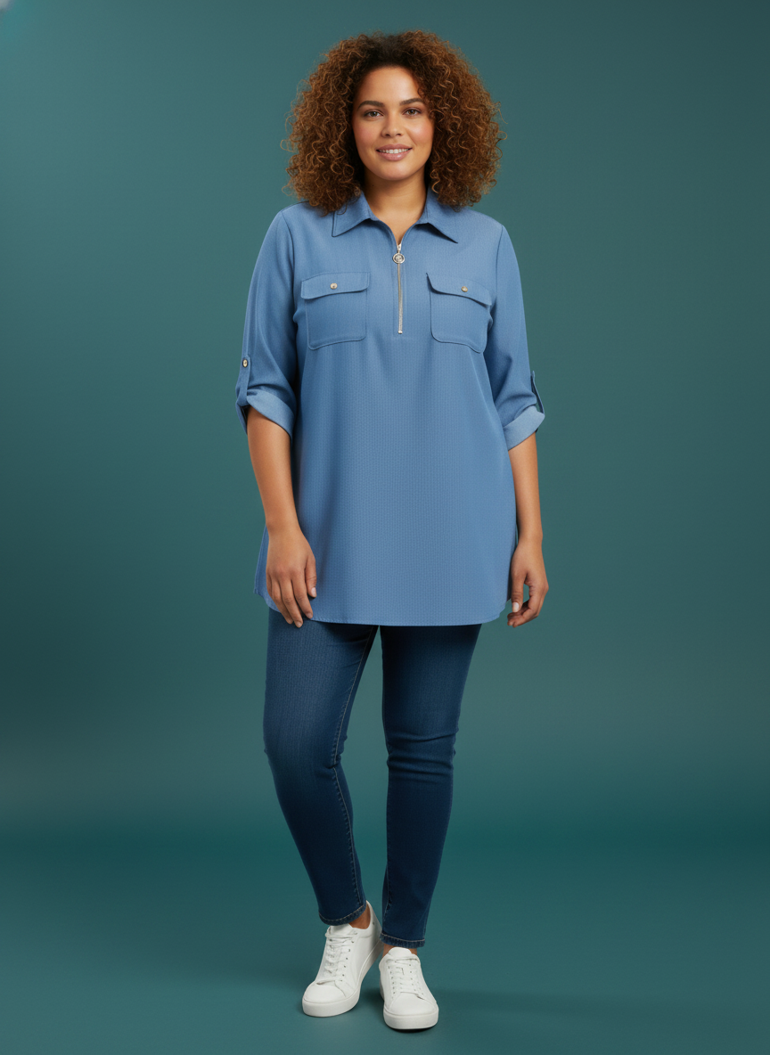 Zip Front Utility Pocket Tunic Blouse