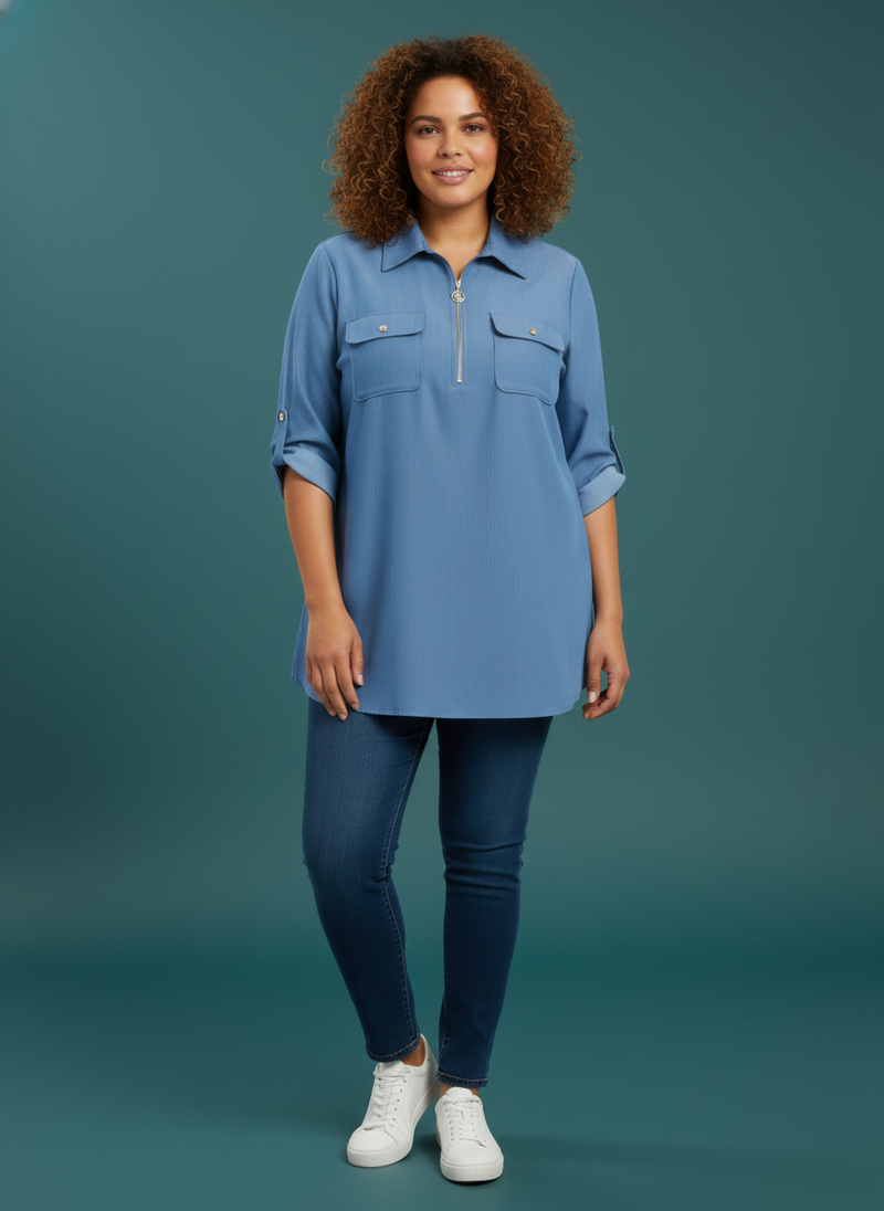 Zip Front Utility Pocket Tunic Blouse