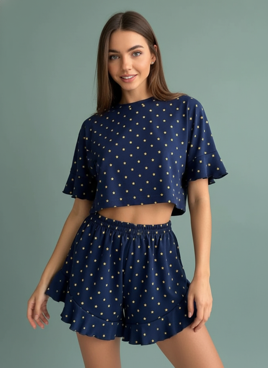 Printed Crop Top and Ruffled Shorts Lounge Set