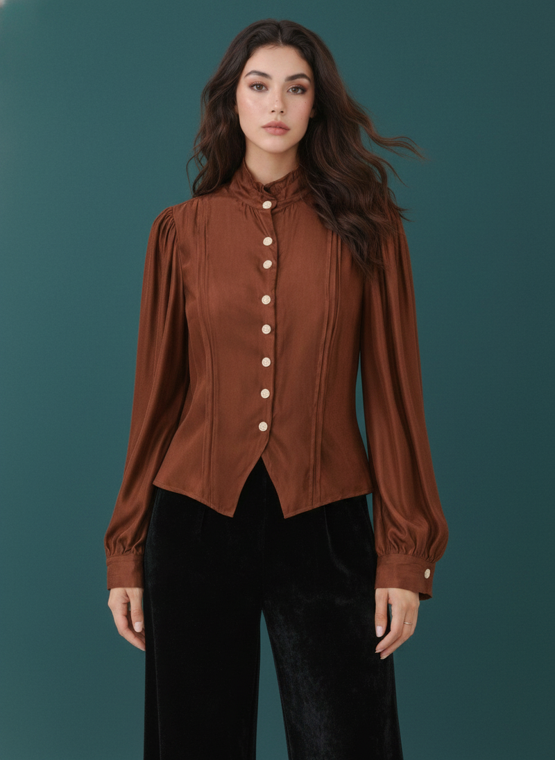 Elegant Satin-finish Victorian Button-up Top