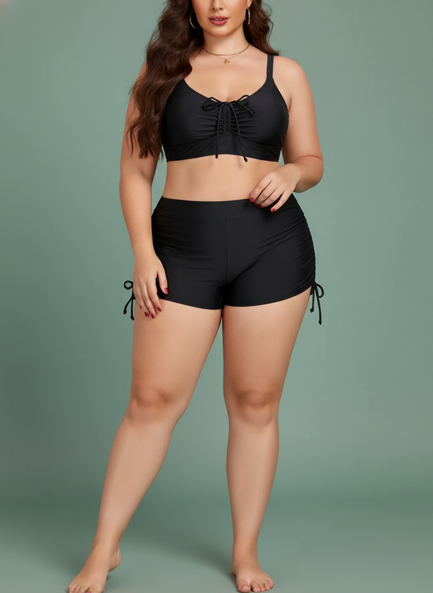 Plus Size Ruched Drawstring Swim Set