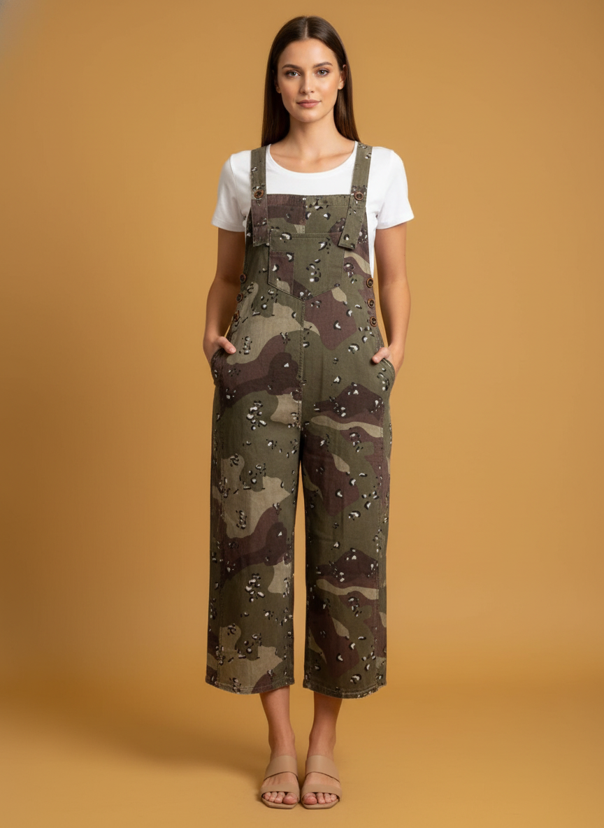 Camouflage Print Leopard Detail Loose Denim Overall Cropped Jumpsuit