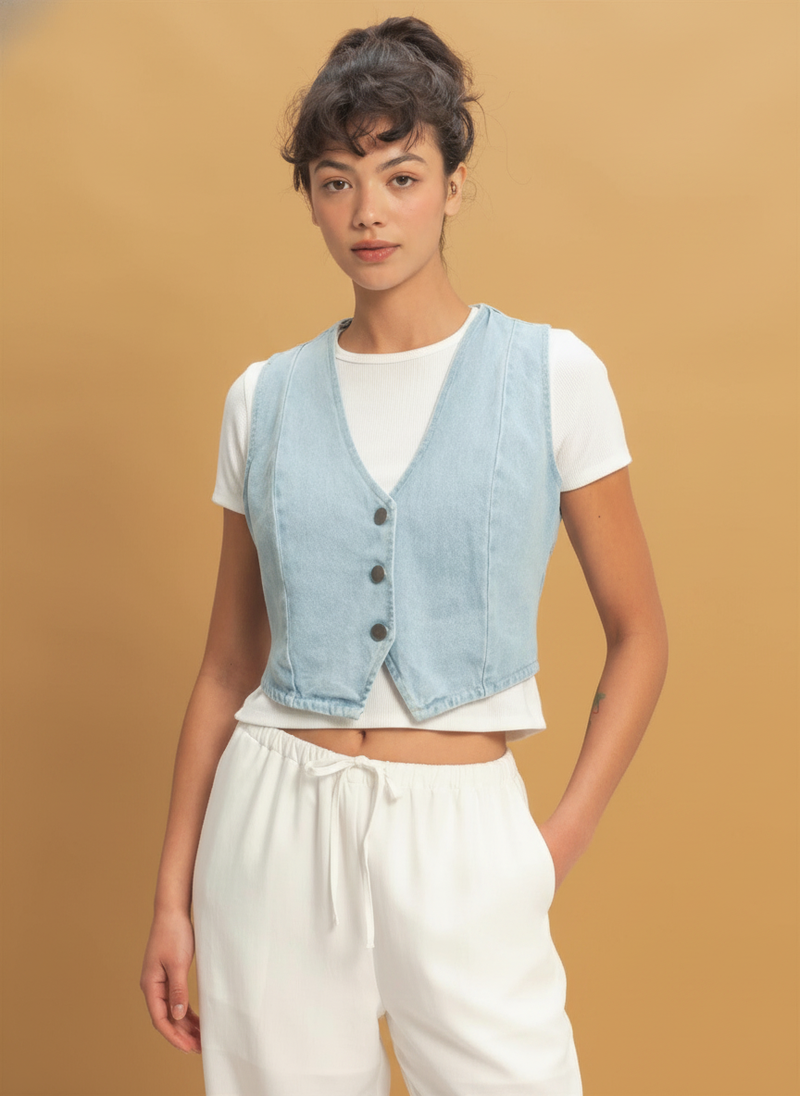 V-neck Sleeveless Denim Vest