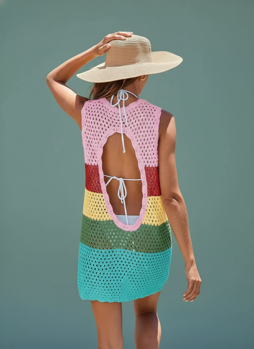 Color Block Openwork Sleeveless Cutout Back Cover-Up