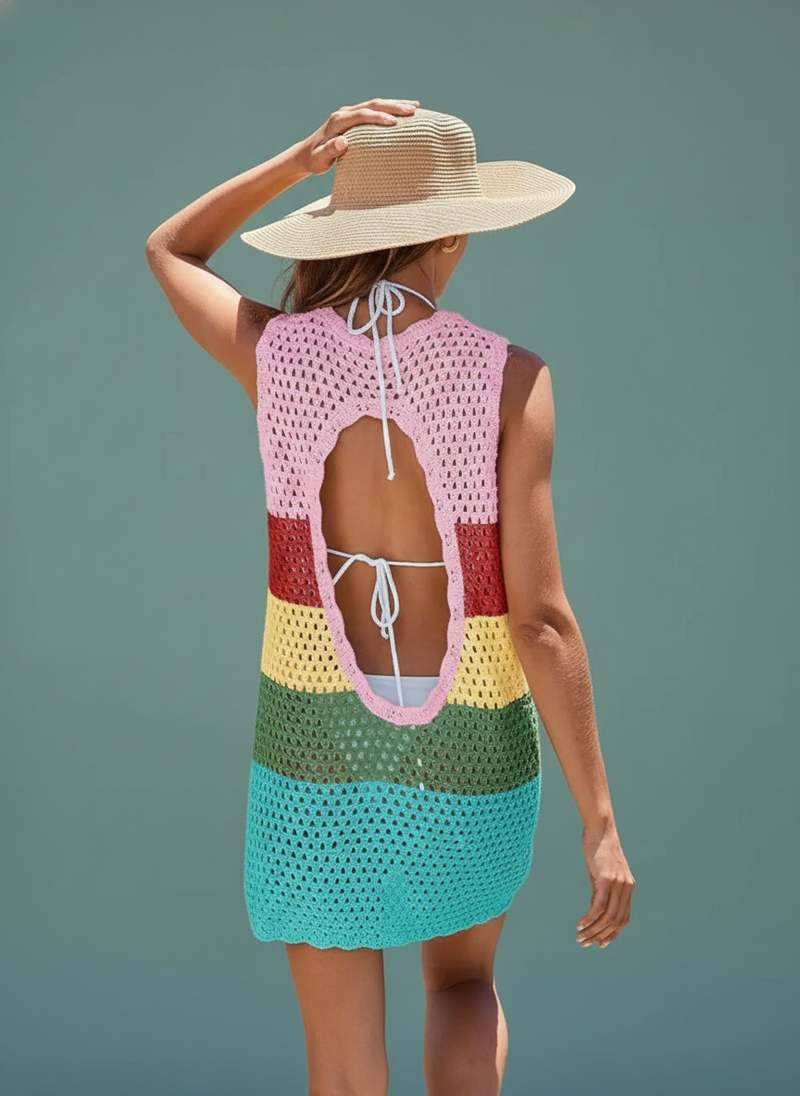 Color Block Openwork Sleeveless Cutout Back Cover-Up