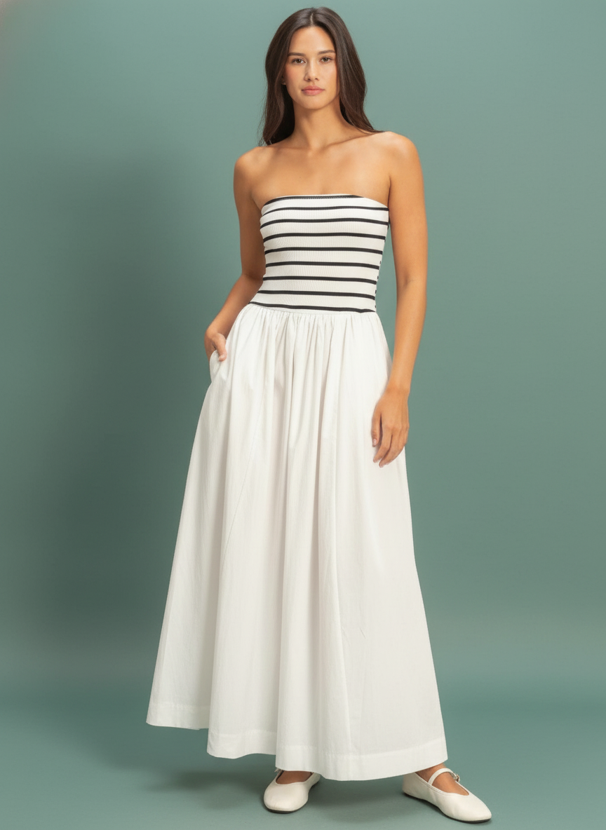 Striped Strapless Flowy Midi Dress