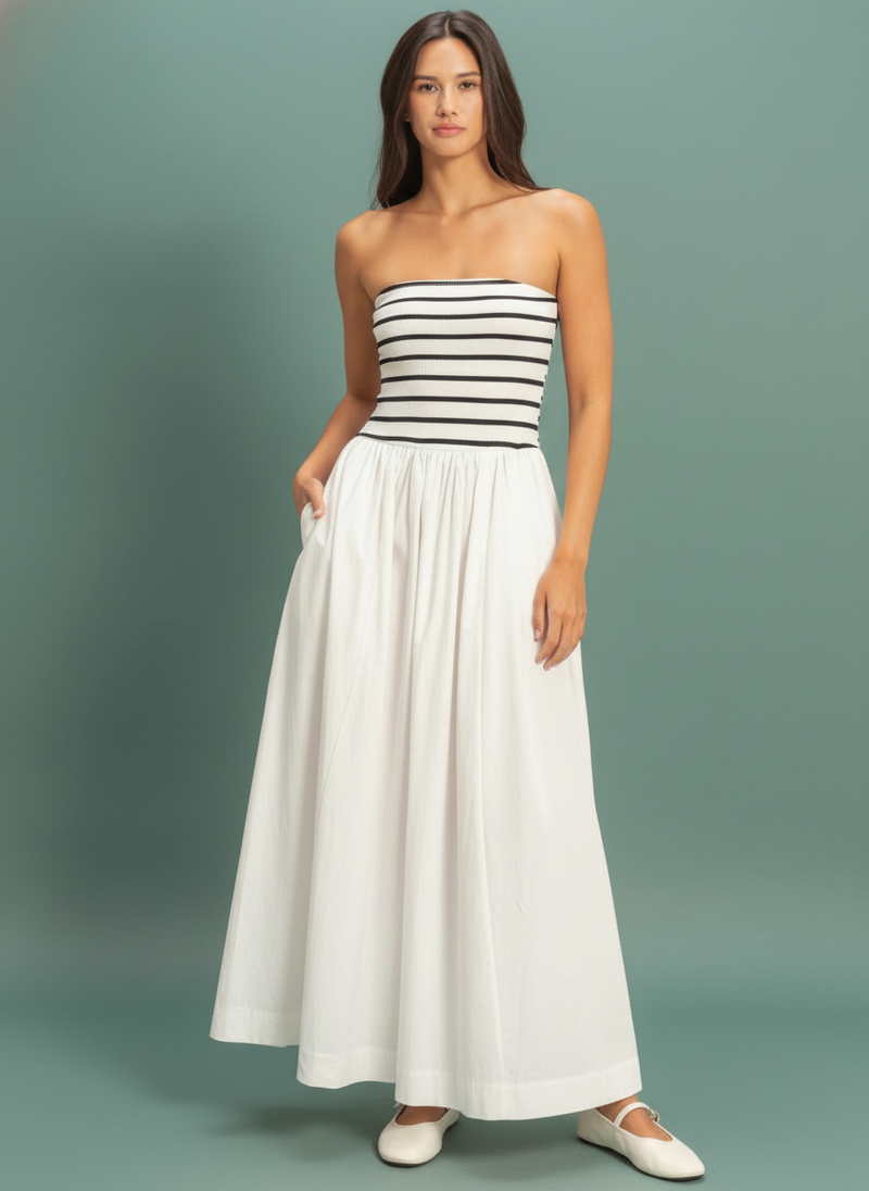 Striped Strapless Flowy Midi Dress