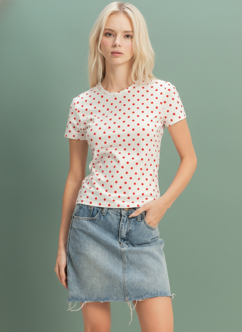 Polka Dot Short Sleeve Crew Neck Top
