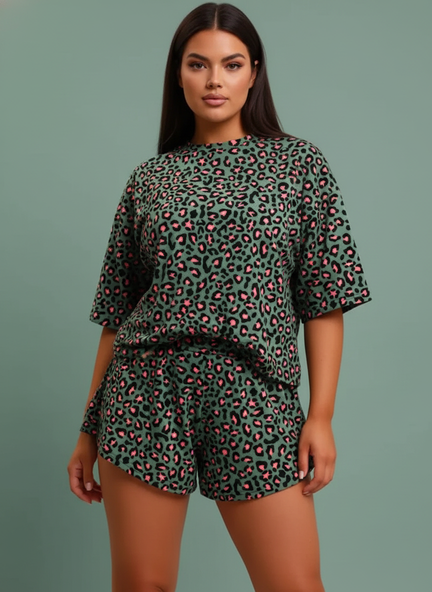 Leopard Print Relaxed Fit Tee and Shorts Lounge Set