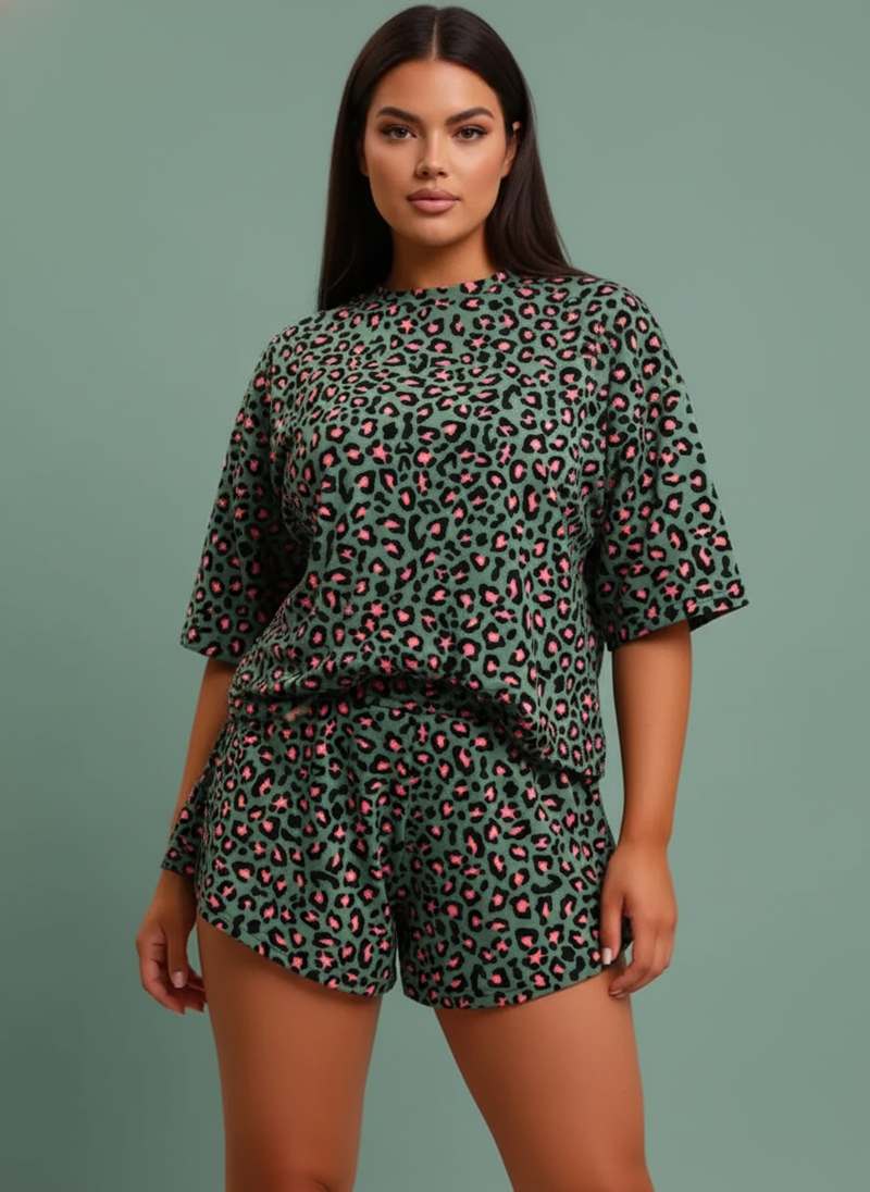 Leopard Print Relaxed Fit Tee and Shorts Lounge Set
