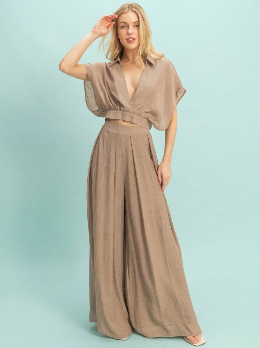 Collared Wrap Top & Wide-leg Pants Set