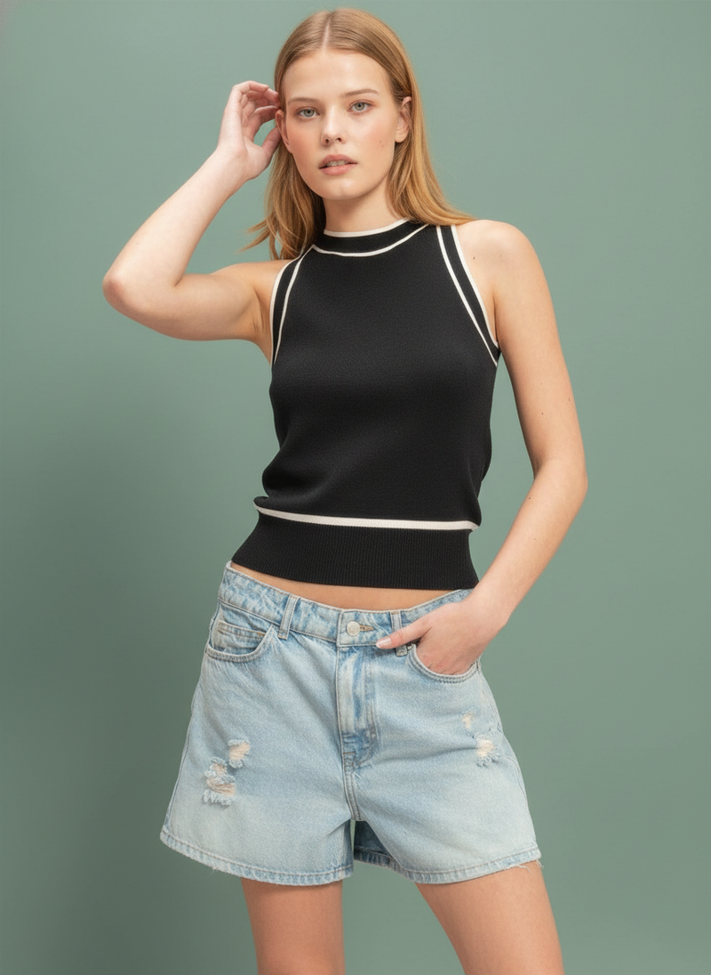 Contrast Trim Sleeveless Ribbed Top