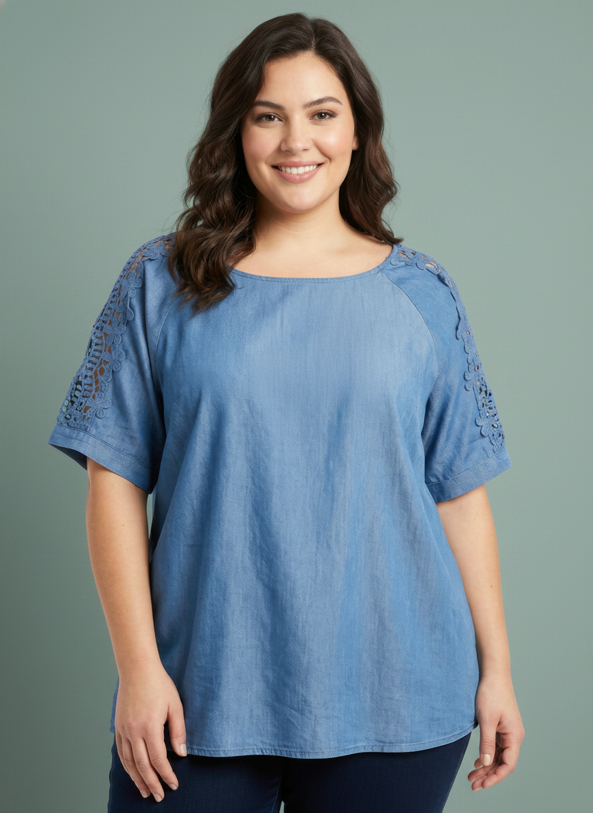Lace Sleeve Chambray-inspired Knit Top