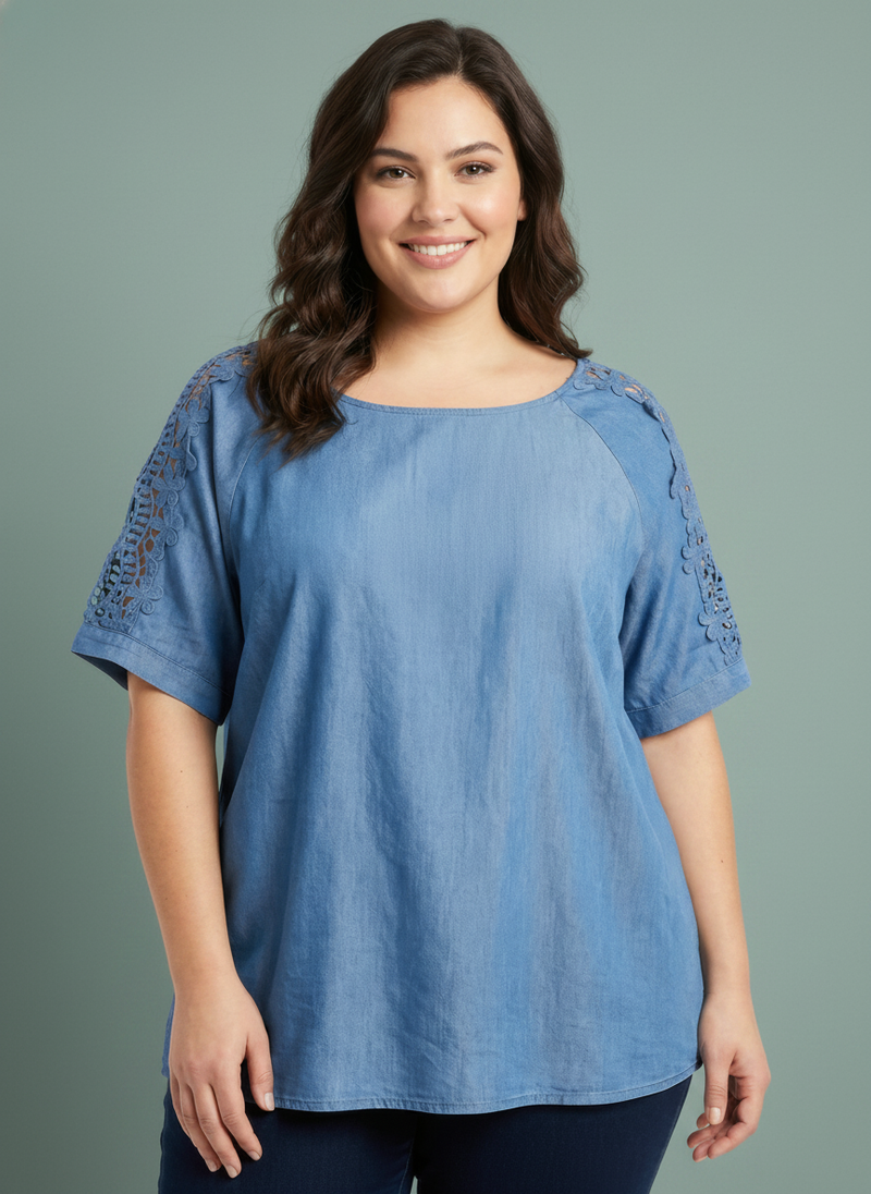 Lace Sleeve Chambray-inspired Knit Top