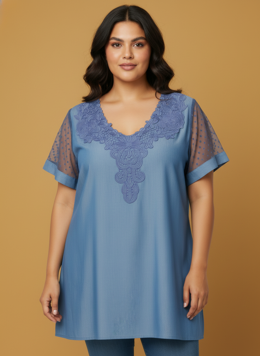 Embroidered V-neck Mesh Sleeve Knit Top