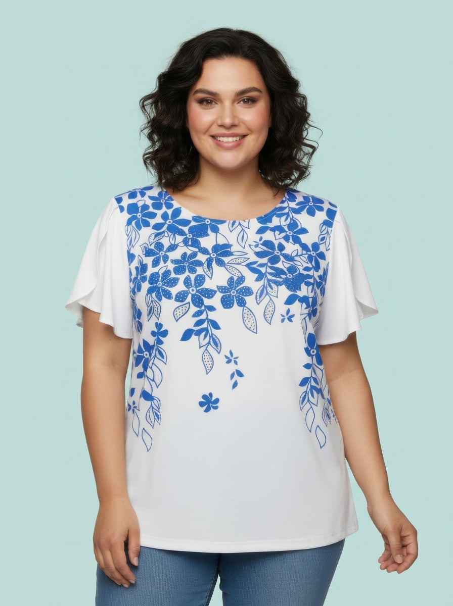 Floral Print Flutter Sleeve Knit Top