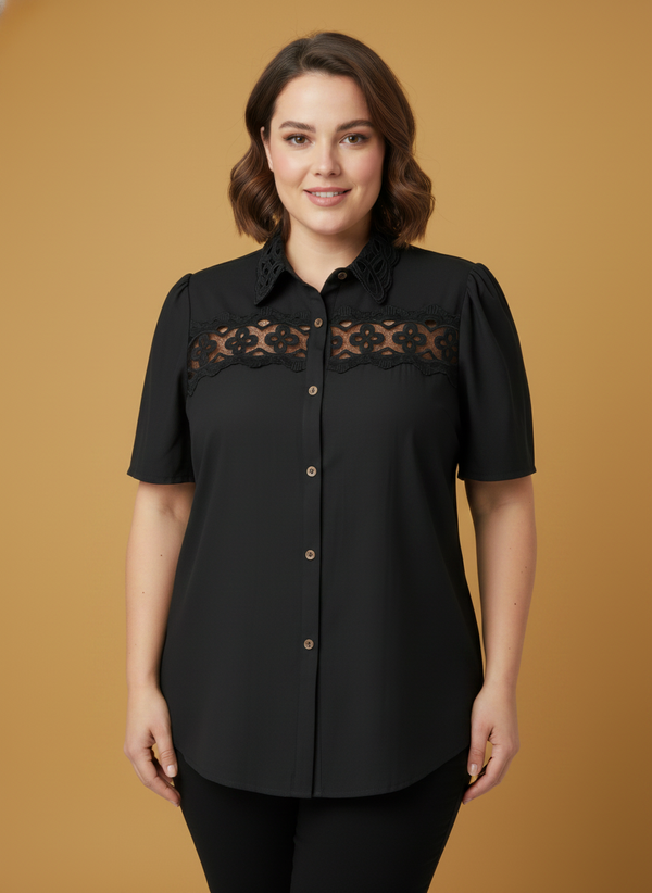 Lace Panel Button-front Collared Blouse