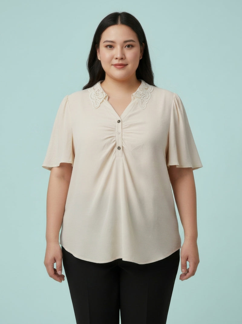 Lace Collar Button Detail Flutter Sleeve Top
